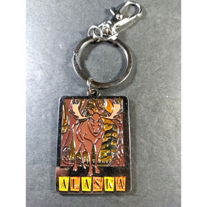 Alaska Metal Keychain Moose Brown Orange Red Silver Tone Keychain Purse Clip...